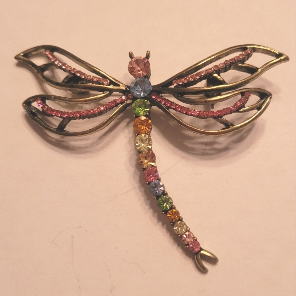 Vintage Dragonfly Brooch Rainbow Rhinestone Antique Bronze Tone Pin